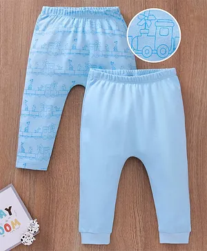 Babyoye Full Length 100% Cotton Diaper Leggings With Eco-Jiva Finish Toy Train & Animal Print Pack of 2 - Blue