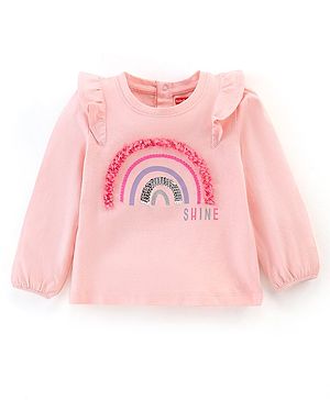Babyhug 100% Cotton Full Sleeves T-Shirt Sequin Embroidery & Frill Detailing - Pink