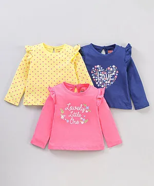Babyhug 100% Cotton Full Sleeves Top with Graphics & Frill Detailing Pack Of 3 - Multicolor