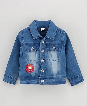 Babyhug Full Sleeves Washed Denim Jacket With Patch Work - Medium Blue