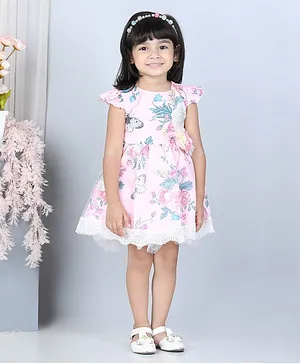 WhiteHenz Clothing Cap Sleeves Floral Applique Butterfly Print Party Dress - Pink