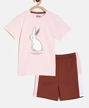 Aomi Half Sleeves Rabbit Print T Shirt And Panel Print Shorts - Pink