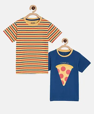 Aomi Pack Of 2 Half Sleeves Striped And Pizza Slice Print T Shirts - Blue Orange