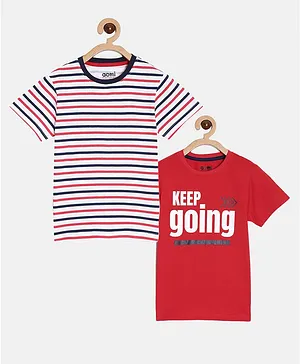 Aomi Pack Of 2 Half Sleeves Striped And Keep Going Print T Shirts - Red White