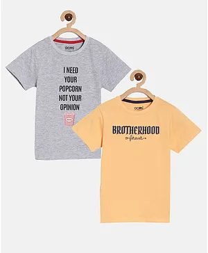 Aomi Pack Of 2 Half Sleeves Popcorn And Brotherhood Print T Shirts - Peach Grey
