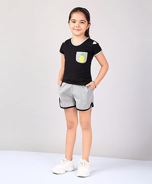 Naughty Ninos Pineapple Patch & Aloha Embroidered Half Sleeves Top & Shorts Set - Black & Grey