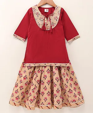 Tahanis Three Fourth Sleeves Lace Embellished Kurti With Floral Printed Lehenga - Maroon Beige