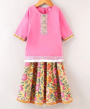 Tahanis Three Fourth Sleeves Lace Embellished Kurti With Floral Printed Lehenga - Pink Yellow