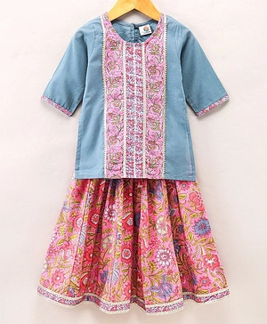 Tahanis Three Fourth Sleeves Floral Print Lace Embellished Kurti With Floral Printed Lehenga - Blue Pink