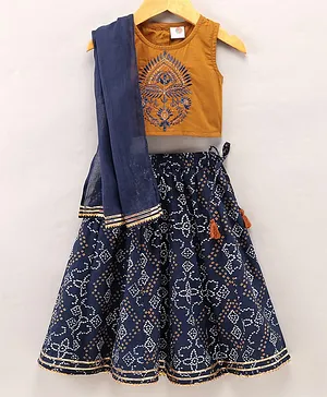 Tahanis Sleeveless Floral Embroidered Top With Bandhani Detail Lehenga And Dupatta - Mustard Yellow Blue