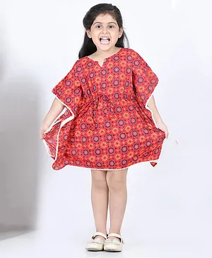 Adiva Batwing Half Sleeves All Over Bandhani Style Kaftan Dress - Red
