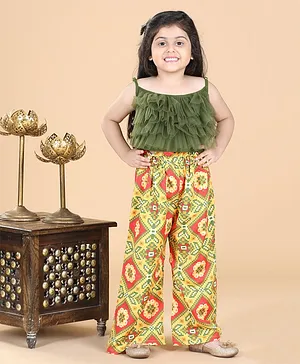 Adiva Sleeveless Ruffle Crop Top & Abstract Square Design Floral Printed Palazzo Set - Green