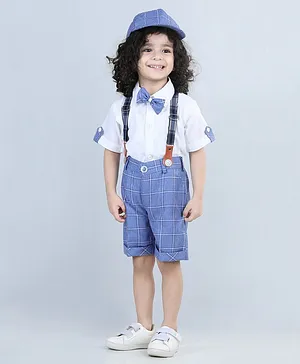 AJ Dezines Half Sleeves Suspender Shirt With Checkered Shorts & Coordinating Bow & Cap - White & Blue