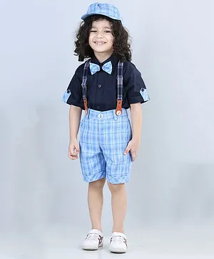 AJ Dezines Half Sleeves Suspender Shirt With Checkered Shorts & Coordinating Bow & Cap - Blue