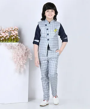AJ Dezines Full Sleeves Shirt With Checkered Waistcoat And Pant - Grey