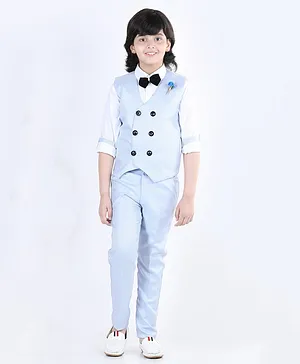 AJ Dezines Full Sleeves Bow Embellished Solid Rosette Applique Detail Shirt With Waistcoat And Pant - Blue