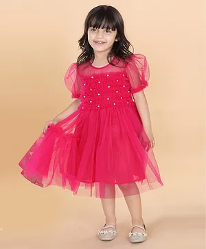 Adiva Puffed Half Sleeves Pearl Embellished & Ruffle Detailed Bodice Fit & Flre Mesh Layered Dress - Pink