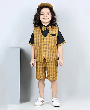 AJ Dezines Half Sleeves Bow Embellished Shirt With Checkered Waistcoat And Shorts With Cap - Mustard Yellow