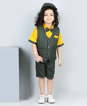 AJ Dezines Half Sleeves Bow Embellished Shirt With Checkered Waistcoat And Shorts With Cap - Green