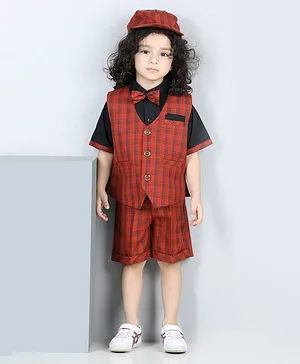 AJ Dezines Half Sleeves Bow Embellished Shirt With Checkered Waistcoat And Shorts With Cap - Red