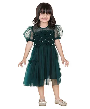 Adiva Puffed Half Sleeves Pearl Embellished & Ruffle Detailed Bodice Fit & Flre Mesh Layered Dress - Green