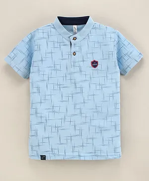 Earth Conscious Half Sleeves All Over Abstract Lines Printed Tee - Sky Blue
