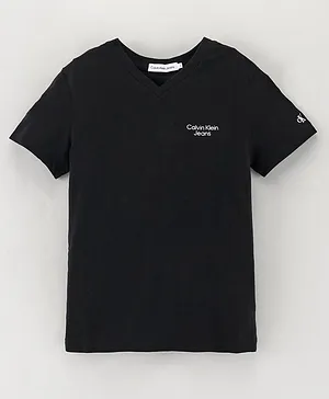 Calvin Klein Half Sleeves Cotton Slim Fit T-Shirt Text Print- Black
