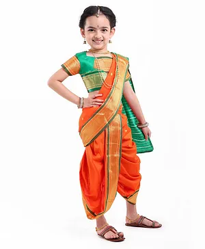 Bhartiya Paridhan Ethnic Saree & Half Sleeves Blouse With Jari Border - Orange