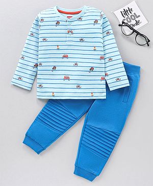 Babyhug Cotton Full Sleeves T-Shirt & Lounge Pant Stripes Print- Light Blue