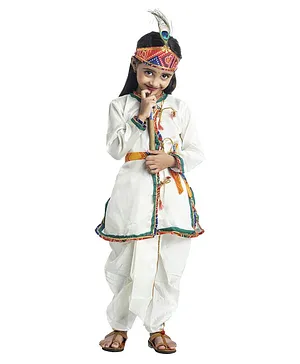 Bhartiya Paridhan Silk Woven Full Sleeves Kurta Solid With Dhoti & Bansuri Mukut With Belt - White ( Print May Vary In Accessories & Trims)