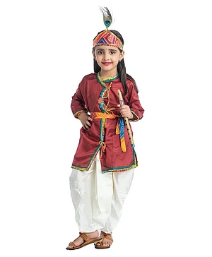 Bhartiya Paridhan Silk Woven Full Sleeves Kurta Solid With Dhoti & Bansuri Mukut With Belt - Maroon