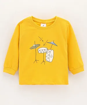Ollypop Cotton Knit Full Sleeves Drum Print T Shirt - Yellow