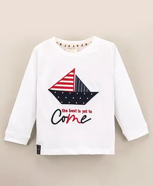 Ollypop Full Sleeves T-Shirt Text & Yacht Print - White