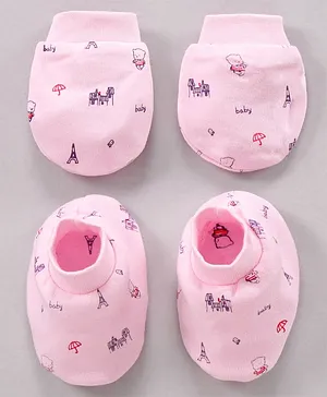 Simply Cotton Mittens And Booties Printed - Pink