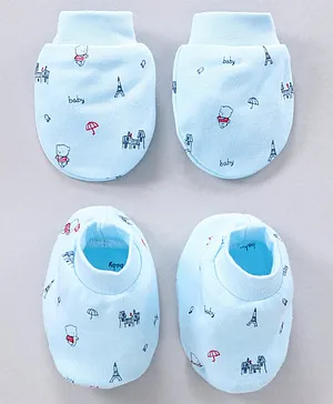 Simply Cotton Mittens And Booties Printed - Blue