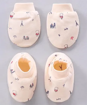 Simply Cotton Mittens And Booties Printed - Cream