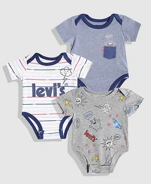 Levi's Half Sleeves Pack Of 3 Little Monster & Logo Printed Onesies - Blue