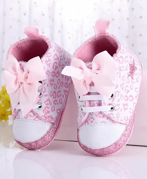 Cute Walk by Babyhug Booties With Slip On Closure Leopard Print & Bow Applique- Pink