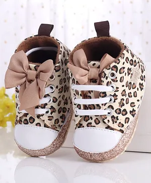 Cute Walk by Babyhug Booties With Slip On Closure Leopard Print & Bow Applique- Brown