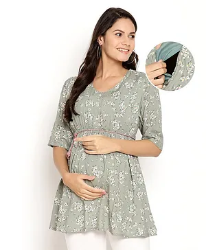Bella Mama Half Sleeves Maternity Nursing Printed Tunic Top - Green