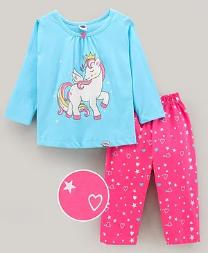 Teddy Cotton Full Sleeves Top And Lounge Pant Set Unicorn Print - Blue