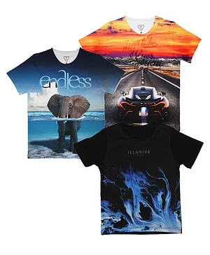 Wear Your Mind Pack Of 3 Half Sleeves Elephant Fast Car & Illusive Printed Tee - Blue Black & Multi Color