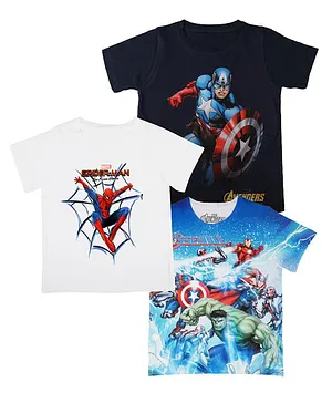 Marvel By Wear Your Mind Pack Of 3 Half Sleeves Marvel Avengers Captain America & Spiderman Printed Tees - White Navy Blue & Blue