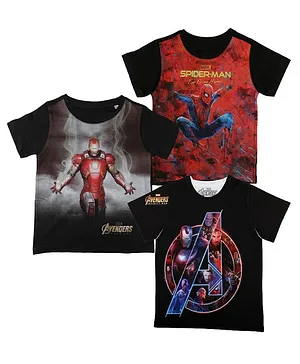 Marvel By Wear Your Mind Pack Of 3 Half Sleeves Marvel Avengers Iron Man & Spiderman Printed Tees - Black