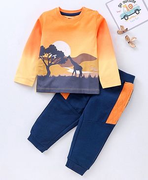 Babyhug Cotton Knit Full Sleeves Sweatshirt & Lounge Pant Set Scenery Print - Orange Blue