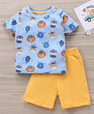 Babyhug Cotton Knit Half Sleeves T-Shirt & Shorts Set Animals Print - Blue Orange