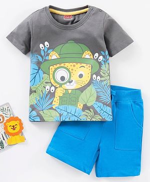 Babyhug Short Sleeves Tshirt & Botttomwear Animal Print - Grey and Blue