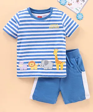Babyhug Cotton Knit to Knit Half Sleeves Striped Tee & Shorts Set - Blue