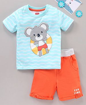 Babyhug Cotton Knit to Knit Half Sleeves Koala Bear Printed Tee & Shorts Set - Light Blue
