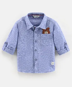 Bonfino Knit Full Sleeve Shirt With Teddy Badge - Blue Melange